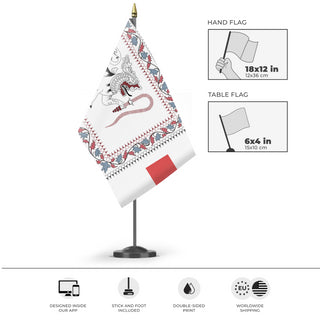 A mockup of the custom flag 'test flag' as a desk flag and small hand waving flag