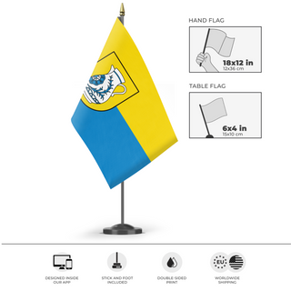 A mockup of the custom flag 'Schrezheim flag' as a desk flag and small hand waving flag