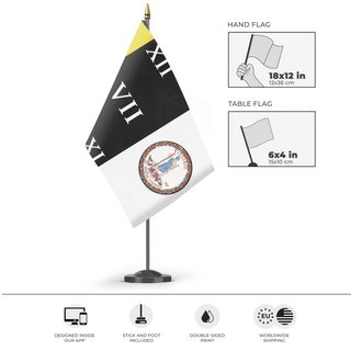 A mockup of the custom flag 'Revamped Father's Day flag' as a desk flag and small hand waving flag