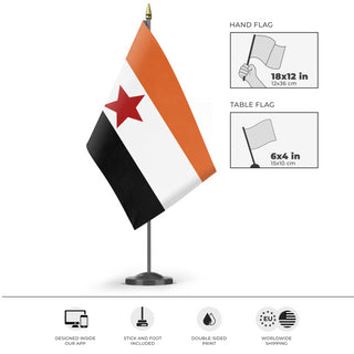 A mockup of the custom flag 'Western Central flag' as a desk flag and small hand waving flag