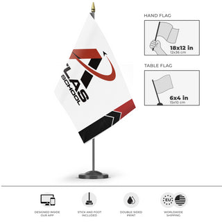 A mockup of the custom flag 'Atlas Flight School flag' as a desk flag and small hand waving flag