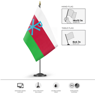 A mockup of the custom flag 'Snowlandia flag' as a desk flag and small hand waving flag