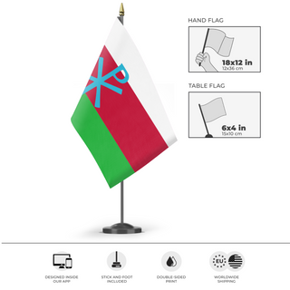 A mockup of the custom flag 'Snowlandia flag' as a desk flag and small hand waving flag