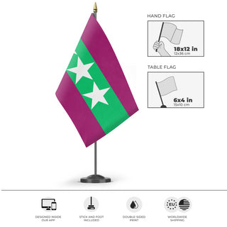 A mockup of the custom flag 'Esperanza.Arts flag' as a desk flag and small hand waving flag