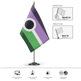 A mockup of the custom flag 'Voidpunk Pride flag' as a desk flag and small hand waving flag