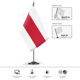 A mockup of the custom flag 'a flag' as a desk flag and small hand waving flag