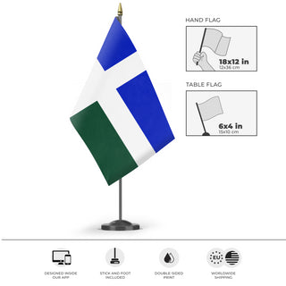 A mockup of the custom flag 'New Columbia flag' as a desk flag and small hand waving flag