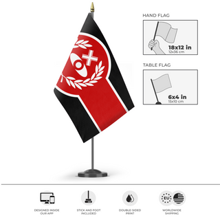 A mockup of the custom flag 'Trinireign flag' as a desk flag and small hand waving flag