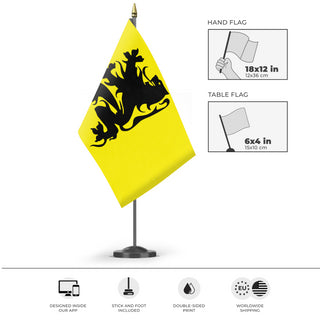 A mockup of the custom flag 'test22 flag' as a desk flag and small hand waving flag