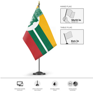 A mockup of the custom flag 'Lithuanian Empire flag' as a desk flag and small hand waving flag