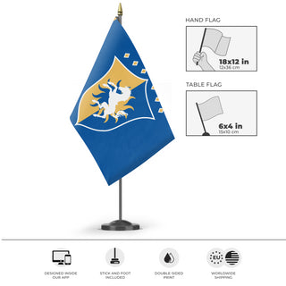 A mockup of the custom flag 'Marescan flag' as a desk flag and small hand waving flag