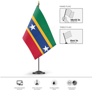 A mockup of the custom flag 'Komful flag' as a desk flag and small hand waving flag