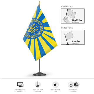 A mockup of the custom flag 'Japanese Ukraine flag' as a desk flag and small hand waving flag