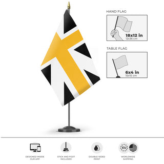 A mockup of the custom flag 'Kingdom of Alexander flag' as a desk flag and small hand waving flag