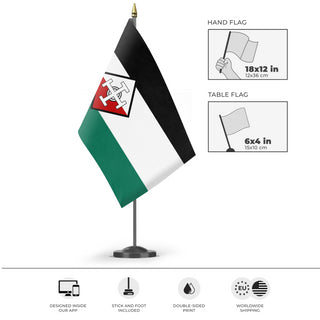 A mockup of the custom flag 'PWO flag' as a desk flag and small hand waving flag
