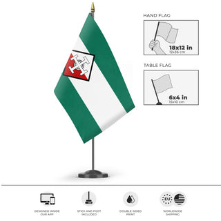 A mockup of the custom flag 'PWO flag' as a desk flag and small hand waving flag
