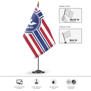 A mockup of the custom flag 'Free American Empire flag' as a desk flag and small hand waving flag