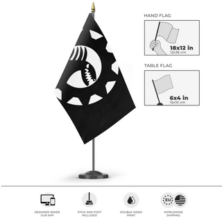 A mockup of the custom flag 'monster engieering flag' as a desk flag and small hand waving flag