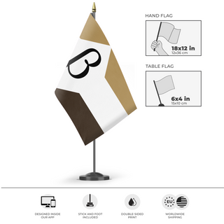 A mockup of the custom flag 'Beaglund flag' as a desk flag and small hand waving flag