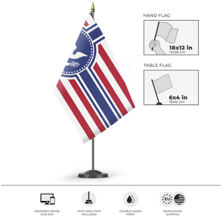 A mockup of the custom flag 'Free American Empire flag' as a desk flag and small hand waving flag