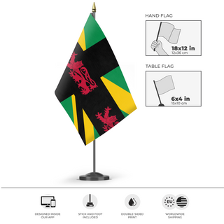 A mockup of the custom flag 'UK FLAG  flag' as a desk flag and small hand waving flag