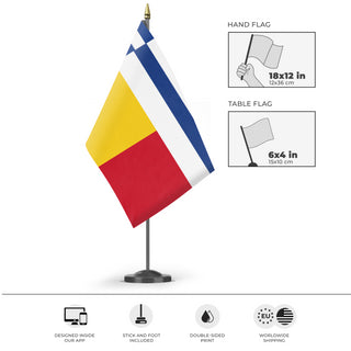 A mockup of the custom flag 'Romania+Greece herritage flag' as a desk flag and small hand waving flag
