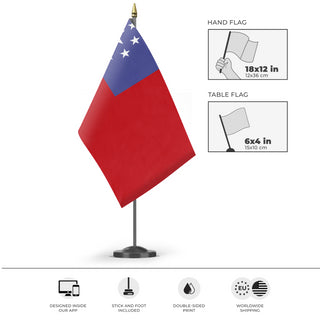 A mockup of the custom flag 'SMALL FREE REPUBLIC OF DONKK  flag' as a desk flag and small hand waving flag