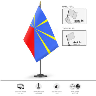 A mockup of the custom flag 'test3 flag' as a desk flag and small hand waving flag