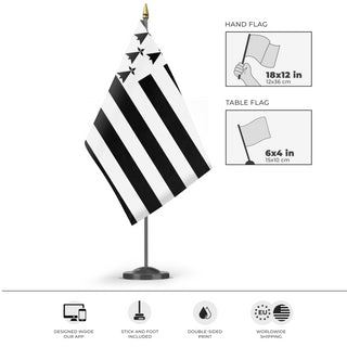 A mockup of the custom flag 'test11 flag' as a desk flag and small hand waving flag