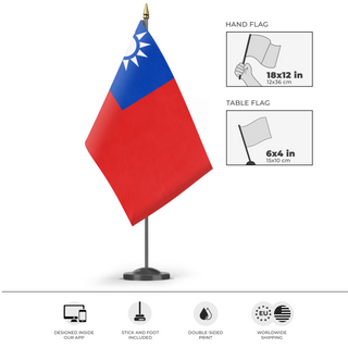 A mockup of the custom flag 'Republic of China flag' as a desk flag and small hand waving flag