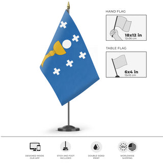 A mockup of the custom flag 'Test 52 flag' as a desk flag and small hand waving flag