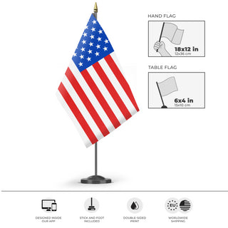 A mockup of the custom flag 'Flag of the US flag' as a desk flag and small hand waving flag