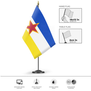 A mockup of the custom flag 'SR Gabrielland Table flag' as a desk flag and small hand waving flag