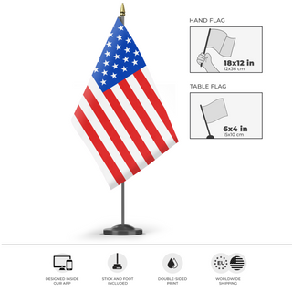 A mockup of the custom flag 'United States flag' as a desk flag and small hand waving flag
