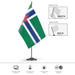A mockup of the custom flag 'northern caforn flag' as a desk flag and small hand waving flag