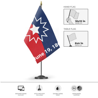 A mockup of the custom flag 'Juneteenth flag' as a desk flag and small hand waving flag