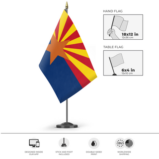 A mockup of the custom flag 'Arizona State Flag' as a desk flag and small hand waving flag
