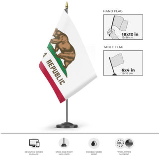 A mockup of the custom flag 'California State Flag' as a desk flag and small hand waving flag