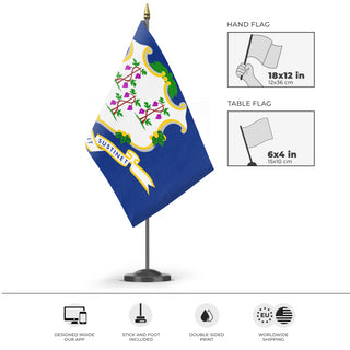 A mockup of the custom flag 'Connecticut State Flag' as a desk flag and small hand waving flag