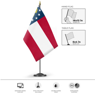 A mockup of the custom flag 'Georgia State Flag' as a desk flag and small hand waving flag