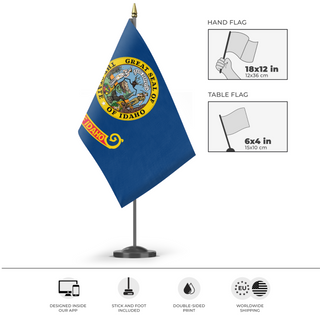 A mockup of the custom flag 'Idaho State Flag' as a desk flag and small hand waving flag