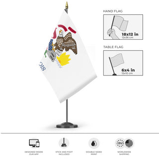 A mockup of the custom flag 'Illinois State Flag' as a desk flag and small hand waving flag