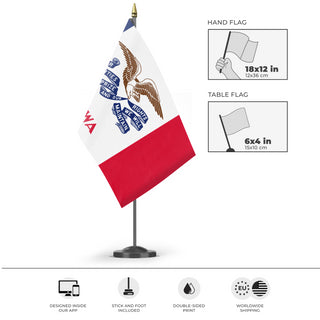 A mockup of the custom flag 'Iowa State Flag' as a desk flag and small hand waving flag