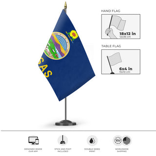 A mockup of the custom flag 'Kansas State Flag' as a desk flag and small hand waving flag