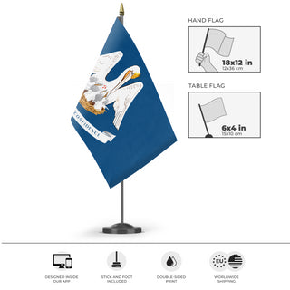 A mockup of the custom flag 'Louisiana State Flag' as a desk flag and small hand waving flag