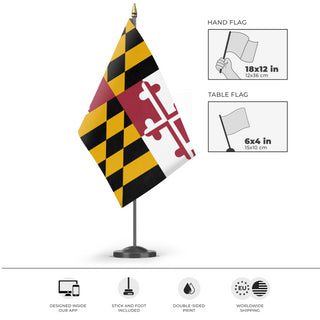 A mockup of the custom flag 'Maryland State Flag' as a desk flag and small hand waving flag