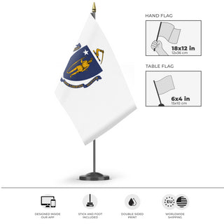 A mockup of the custom flag 'Massachusetts State Flag' as a desk flag and small hand waving flag