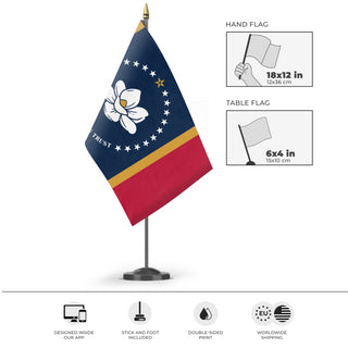 A mockup of the custom flag 'Mississippi State Flag' as a desk flag and small hand waving flag
