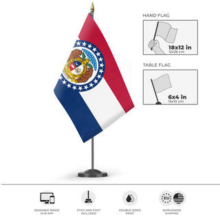 A mockup of the custom flag 'Missouri State Flag' as a desk flag and small hand waving flag