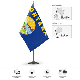 A mockup of the custom flag 'Montana State Flag' as a desk flag and small hand waving flag